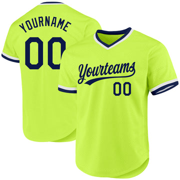 Custom Neon Green Navy-White Authentic Throwback Baseball Jersey