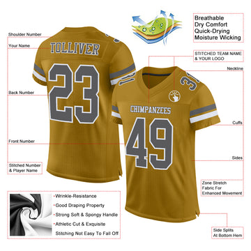 Custom Old Gold Steel Gray-White Mesh Authentic Football Jersey