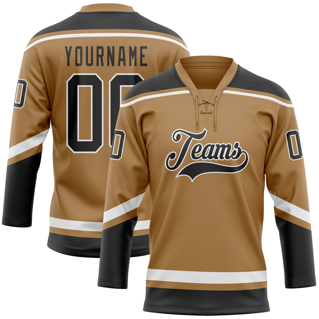 Custom Old Gold Black-White Hockey Lace Neck Jersey