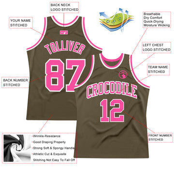 Custom Olive Pink-White Authentic Throwback Salute To Service  Basketball Jersey