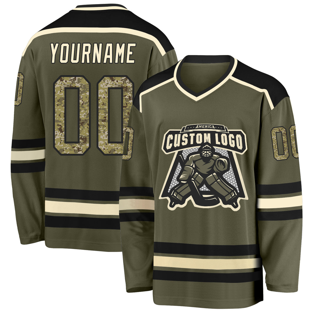 Custom Olive Camo Black-Cream Salute To Service Hockey Jersey