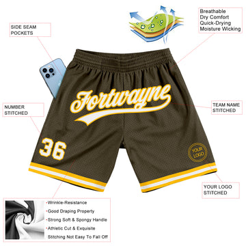 Custom Olive White-Gold Authentic Throwback Salute To Service Basketball Shorts