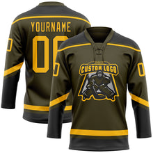 Load image into Gallery viewer, Custom Olive Gold-Black Salute To Service Hockey Lace Neck Jersey
