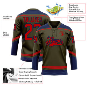 Custom Olive Red-Navy Salute To Service Hockey Lace Neck Jersey