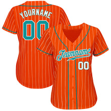 Load image into Gallery viewer, Custom Orange White Pinstripe Teal-White Authentic Baseball Jersey
