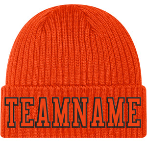 Custom Orange Orange-Black Stitched Cuffed Knit Hat