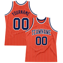 Load image into Gallery viewer, Custom Orange White Pinstripe Navy Authentic Basketball Jersey
