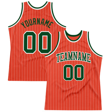 Custom Orange White Pinstripe Green Authentic Basketball Jersey