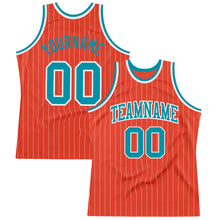 Load image into Gallery viewer, Custom Orange White Pinstripe Teal Authentic Basketball Jersey
