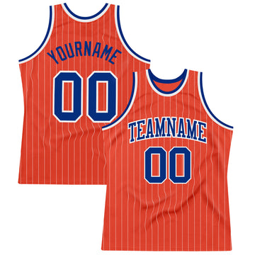 Custom Orange White Pinstripe Royal Authentic Basketball Jersey