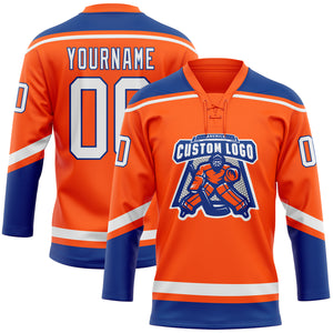 Custom Orange White-Royal Hockey Lace Neck Jersey