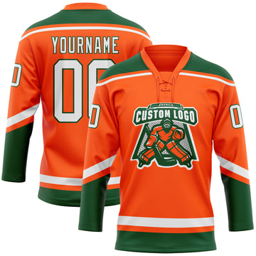 Custom Orange White-Green Hockey Lace Neck Jersey