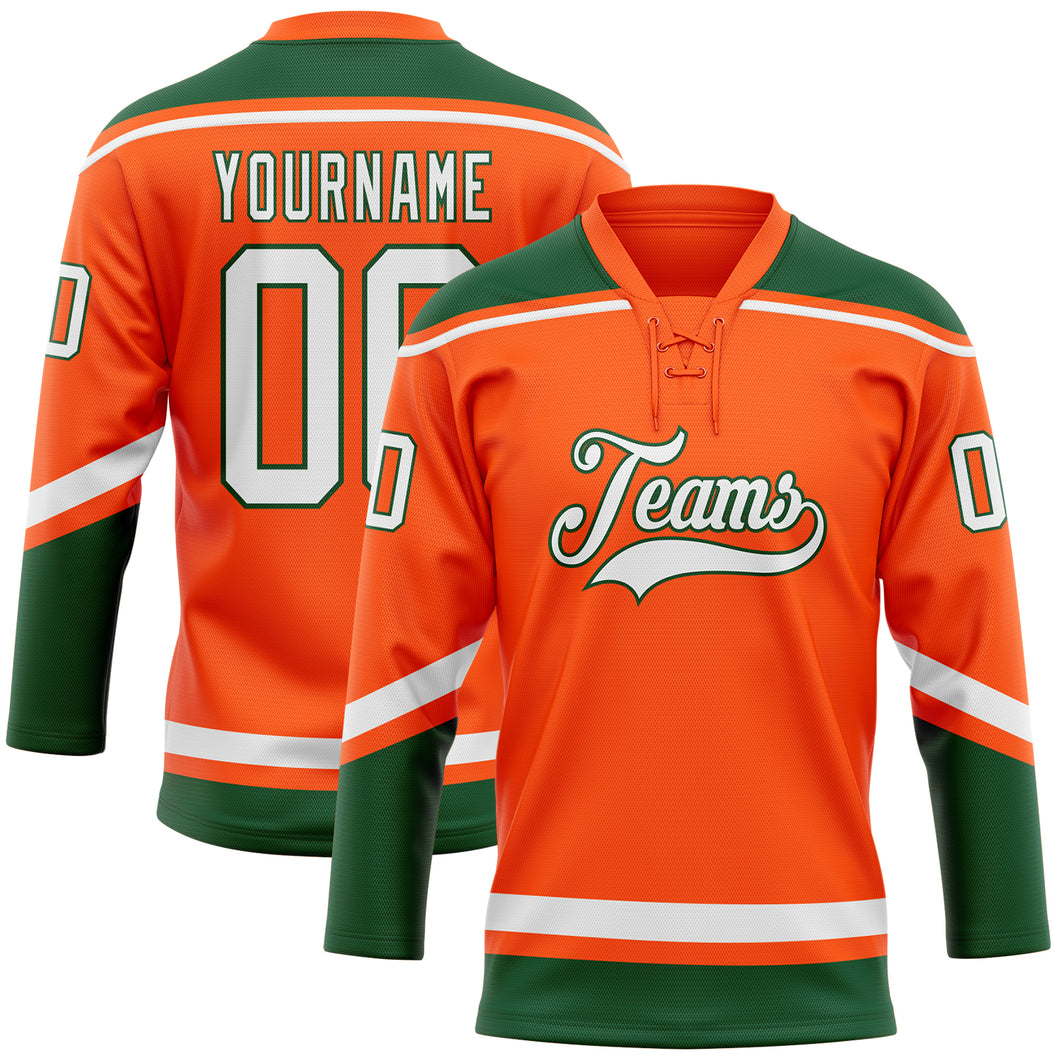 Custom Orange White-Green Hockey Lace Neck Jersey