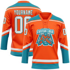 Custom Orange White-Teal Hockey Lace Neck Jersey