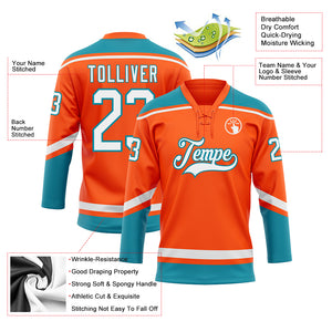 Custom Orange White-Teal Hockey Lace Neck Jersey