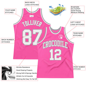 Custom Pink White-Gray Authentic Throwback Basketball Jersey