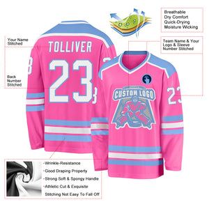 Custom Pink White-Light Blue Hockey Jersey