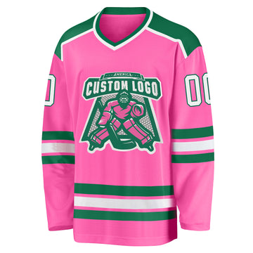 Custom Pink White-Kelly Green Hockey Jersey