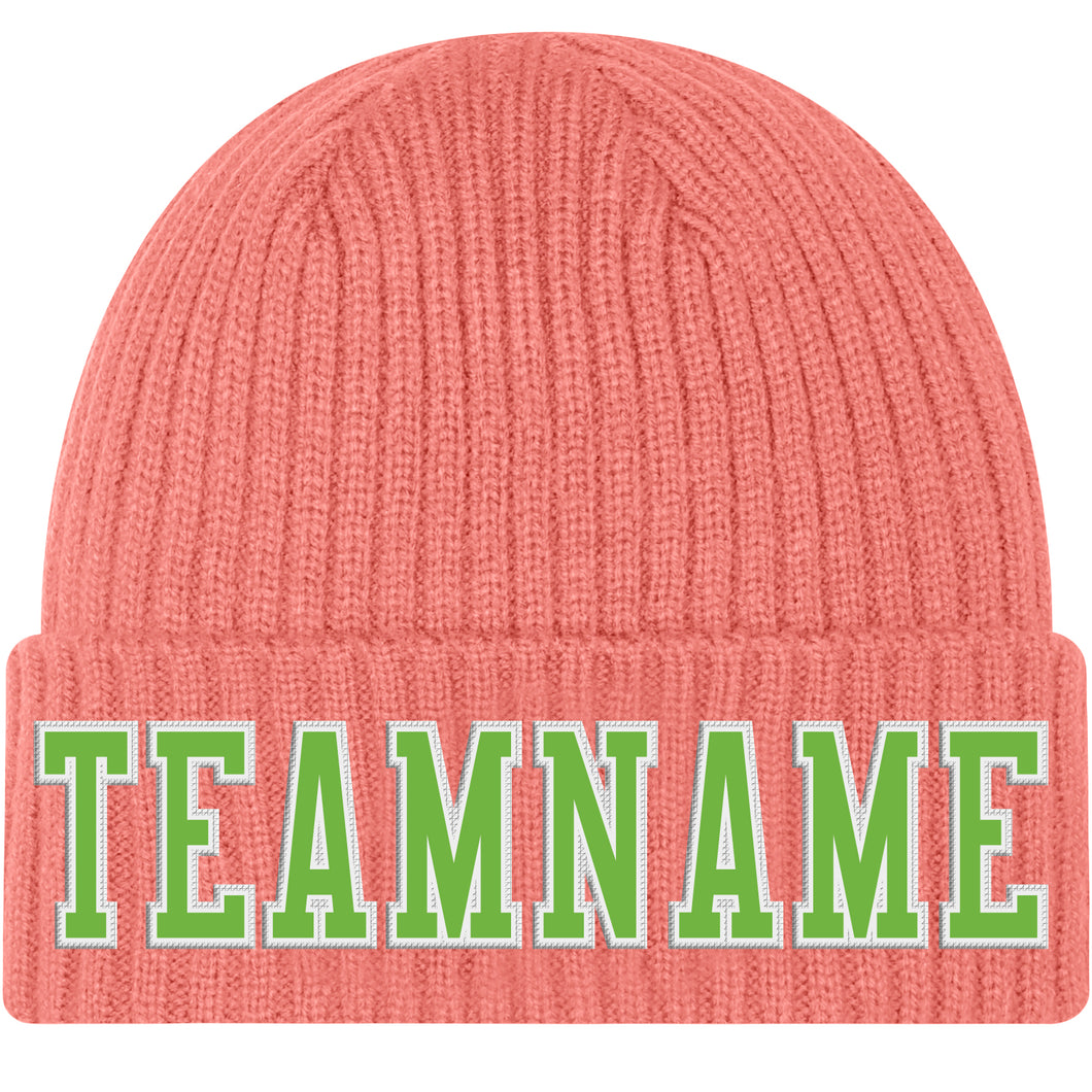 Custom Pink Neon Green-White Stitched Cuffed Knit Hat