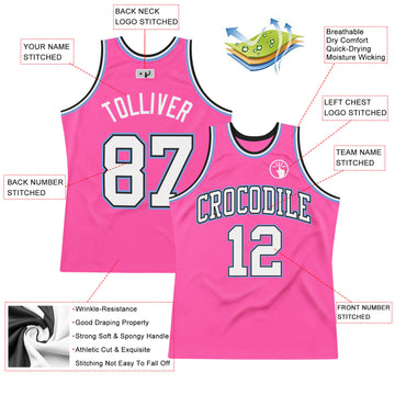 Custom Pink White Black-Light Blue Authentic Throwback Basketball Jersey