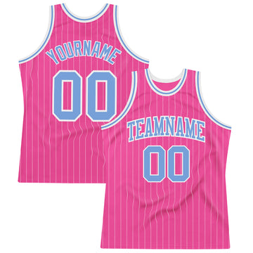 Custom Pink White Pinstripe Light Blue-White Authentic Basketball Jersey