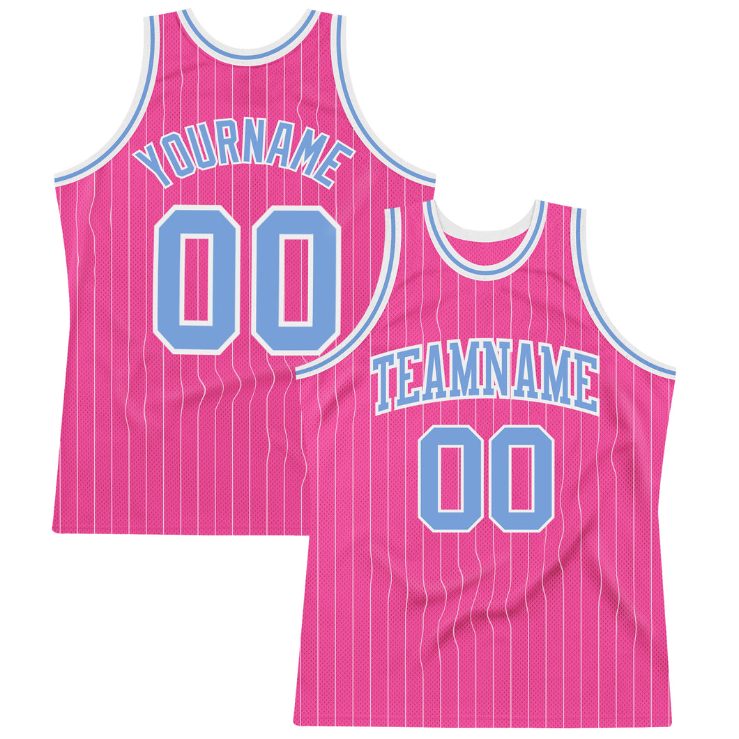 Custom Pink White Pinstripe Light Blue-White Authentic Basketball Jersey