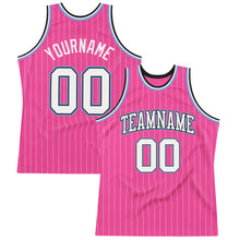 Load image into Gallery viewer, Custom Pink White Pinstripe White Black-Light Blue Authentic Basketball Jersey
