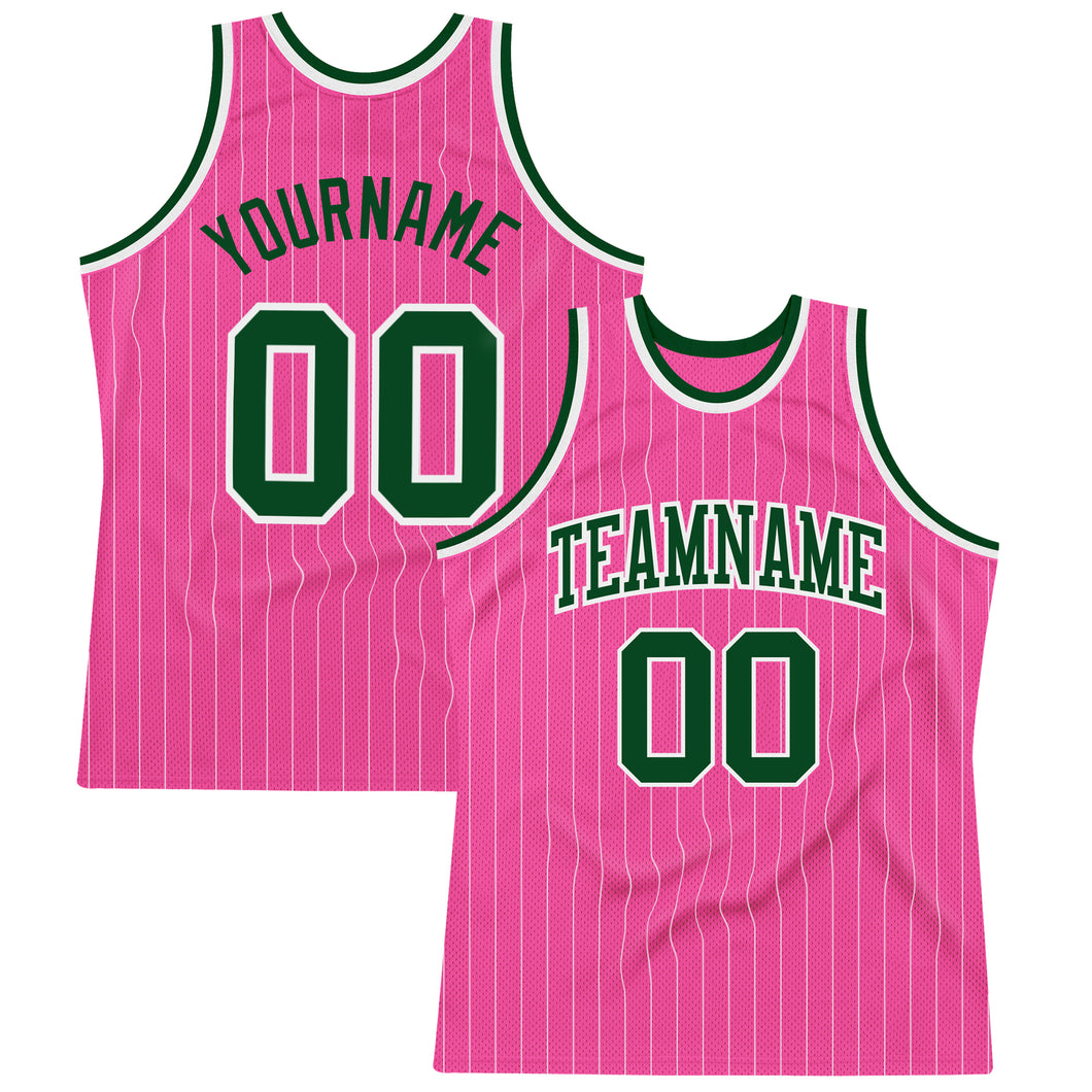 Custom Pink White Pinstripe Green-White Authentic Basketball Jersey