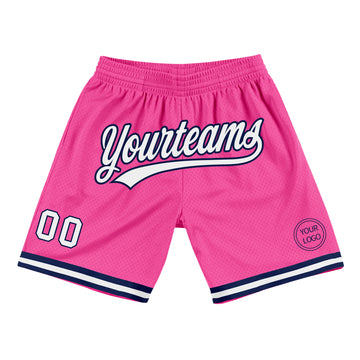 Custom Pink White-Navy Authentic Throwback Basketball Shorts