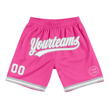Custom Pink White-Gray Authentic Throwback Basketball Shorts