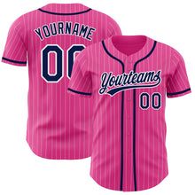 Load image into Gallery viewer, Custom Pink White Pinstripe Navy Authentic Baseball Jersey
