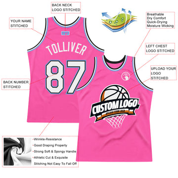 Custom Pink White Black-Light Blue Authentic Throwback Basketball Jersey