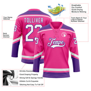 Custom Pink White-Purple Hockey Lace Neck Jersey