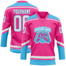 Load image into Gallery viewer, Custom Pink White-Sky Blue Hockey Lace Neck Jersey
