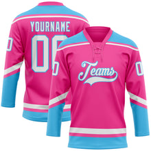 Load image into Gallery viewer, Custom Pink White-Sky Blue Hockey Lace Neck Jersey
