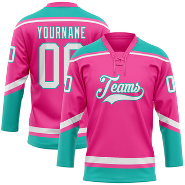 Custom Pink White-Aqua Hockey Lace Neck Jersey