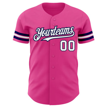 Custom Pink White-Navy Authentic Baseball Jersey