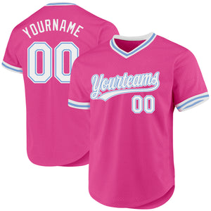 Custom Pink White-Light Blue Authentic Throwback Baseball Jersey