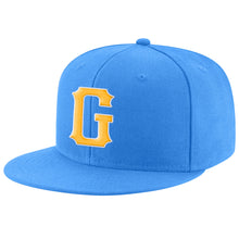 Load image into Gallery viewer, Custom Powder Blue Gold-White Stitched Adjustable Snapback Hat
