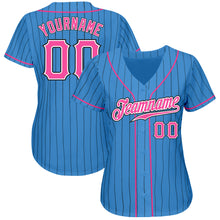 Load image into Gallery viewer, Custom Powder Blue Black Pinstripe Pink-White Authentic Baseball Jersey
