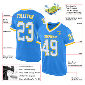 Custom Powder Blue White-Gold Mesh Authentic Throwback Football Jersey