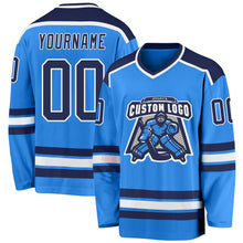 Load image into Gallery viewer, Custom Powder Blue Navy-White Hockey Jersey
