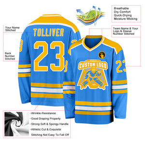 Custom Powder Blue Gold-White Hockey Jersey