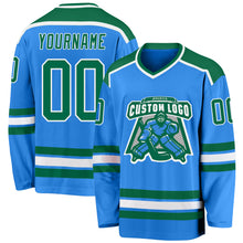 Load image into Gallery viewer, Custom Powder Blue Kelly Green-White Hockey Jersey
