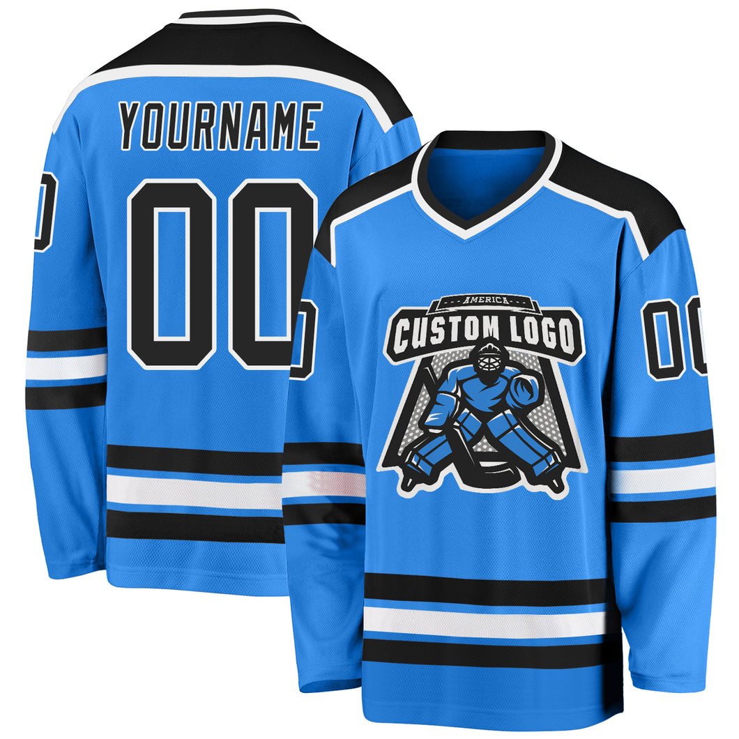 Custom Powder Blue Black-White Hockey Jersey