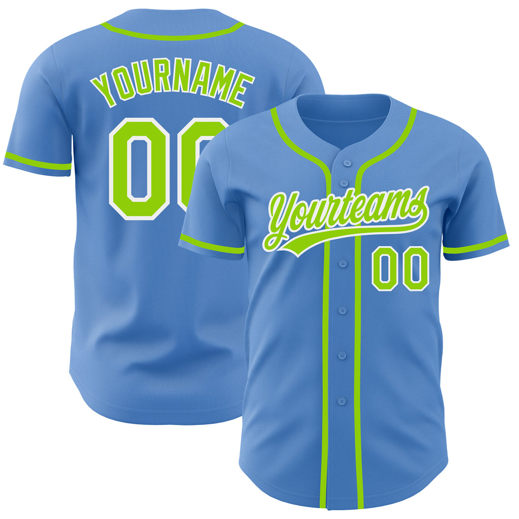 Custom Powder Blue Neon Green-White Authentic Baseball Jersey