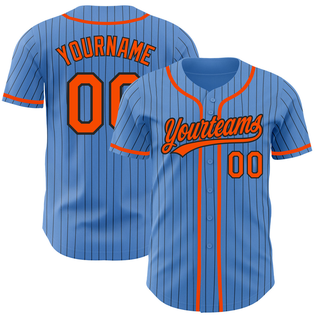 Custom Powder Blue Black Pinstripe Orange Authentic Baseball Jersey