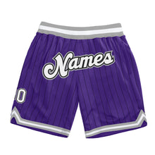 Load image into Gallery viewer, Custom Purple Black Pinstripe White-Gray Authentic Basketball Shorts
