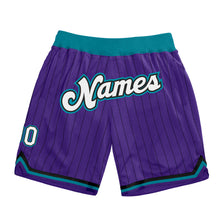 Load image into Gallery viewer, Custom Purple Black Pinstripe White-Teal Authentic Basketball Shorts
