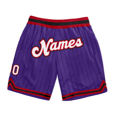Load image into Gallery viewer, Custom Purple Black Pinstripe White-Red Authentic Basketball Shorts
